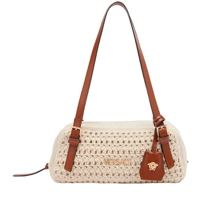 Versace Women's Versace Tag Raffia Bowling Bag Beige
