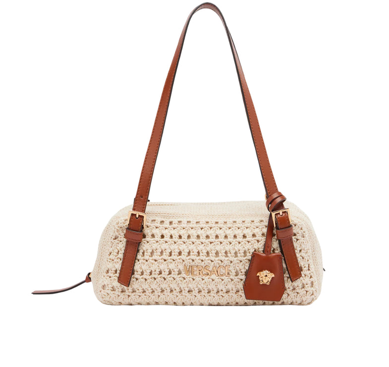 Versace Women's Versace Tag Raffia Bowling Bag Beige