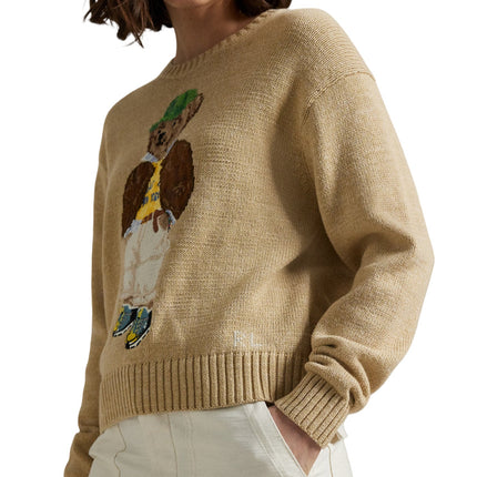 Polo Ralph Lauren Women's Polo Bear Cotton Crewneck Sweater Tan Multi