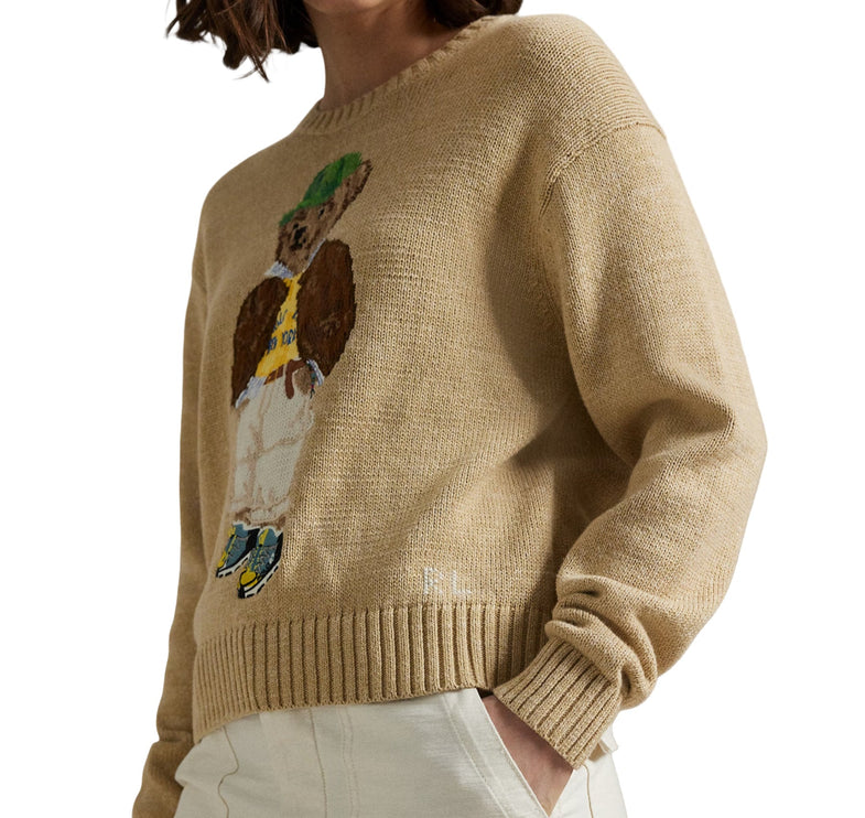 Polo Ralph Lauren Women's Polo Bear Cotton Crewneck Sweater Tan Multi