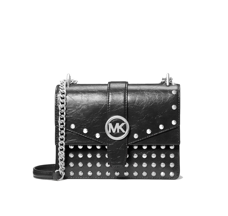 Michael Kors Women's Greenwich Small Studded Distressed Crossbody Bag Silver/Black