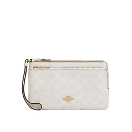 Coach Women's Double Zip Wallet In Signature Canvas Gold/White/Chalk
