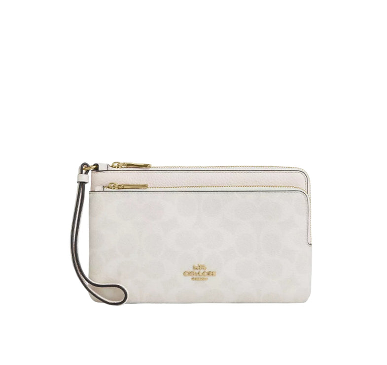 Coach Women's Double Zip Wallet In Signature Canvas Gold/White/Chalk