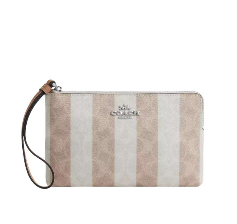 Coach Women's Large Corner Zip Wristlet In Signature Canvas Silver/Sand/Tan