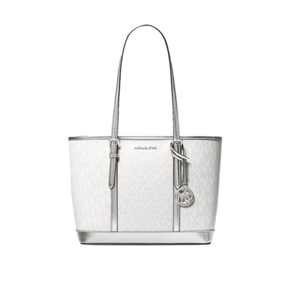 Michael Kors Women's Jet Set Travel Small Metallic Logo Top-Zip Tote Bag Silver