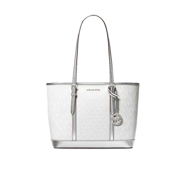 Michael Kors Women's Jet Set Travel Small Metallic Logo Top-Zip Tote Bag Silver