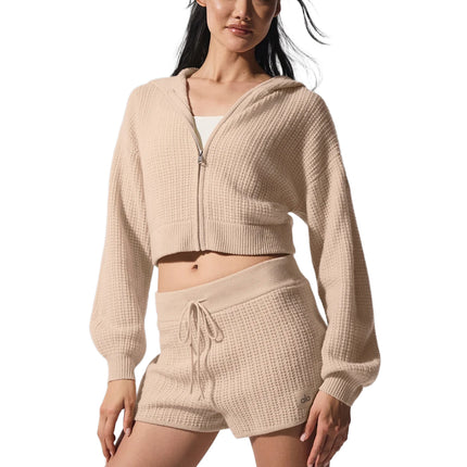alo Women's Cashmere Plush Waffle Full Zip Hoodie Macadamia Blush
