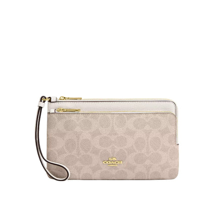 Coach Women's Double Zip Wallet In Signature Canvas Gold/Sand/Chalk