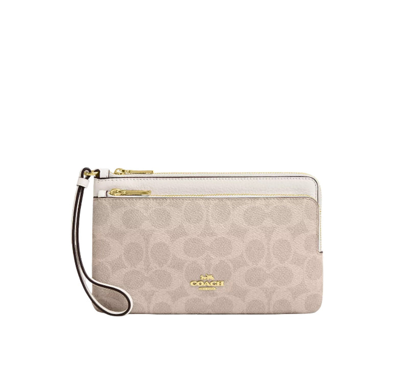 Coach Women's Double Zip Wallet In Signature Canvas Gold/Sand/Chalk