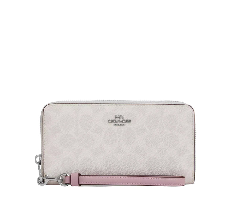 Coach Women's Long Zip Around Wallet In Signature Canvas Silver/Chalk/Carnation