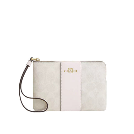 Coach Women's Corner Zip Wristlet In Signature Canvas With Stripe Gold/White/Chalk