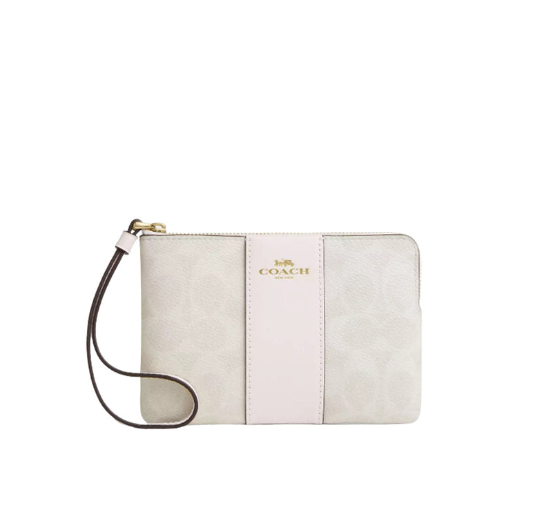 Coach Women's Corner Zip Wristlet In Signature Canvas With Stripe Gold/White/Chalk