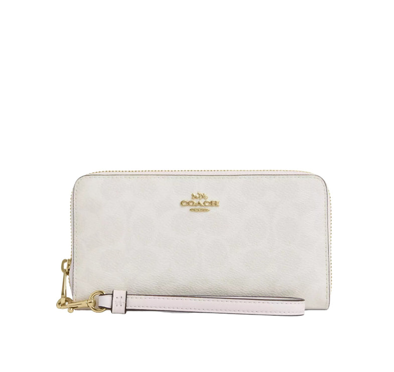 Coach Women's Long Zip Around Wallet In Signature Canvas Gold/White/Chalk