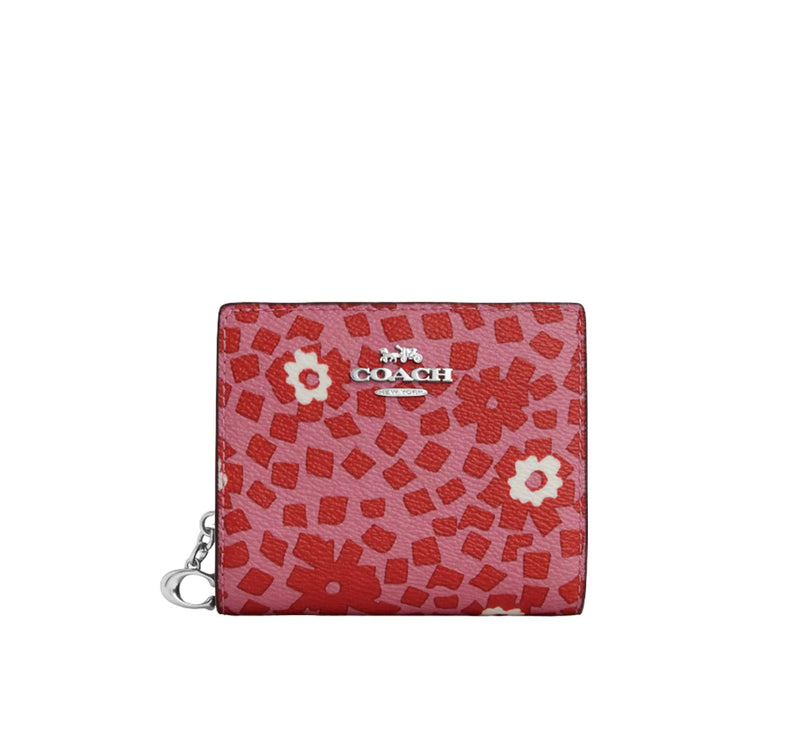 Coach Women's Snap Wallet With Floral Print Silver/Pink Multi