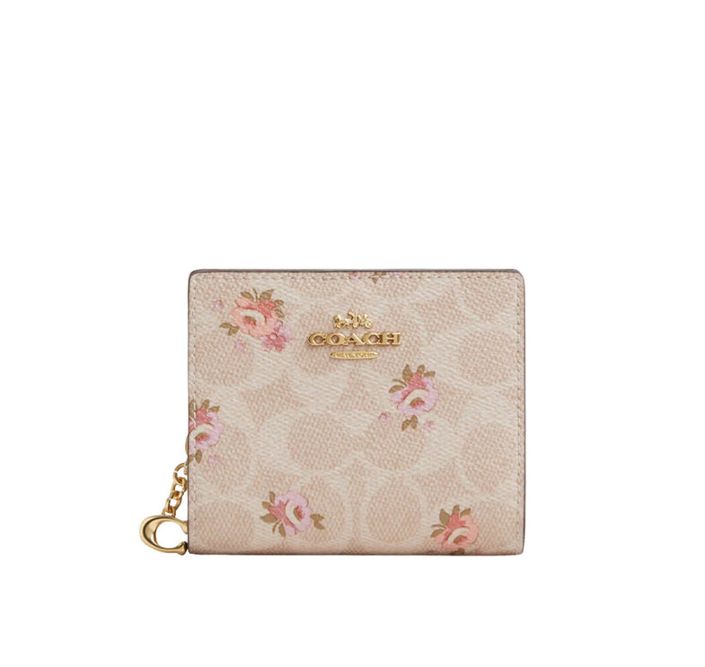 Coach Women's Snap Wallet In Signature Canvas With Floral Print Gold/Sand Multi