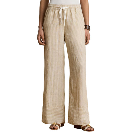 Polo Ralph Lauren Women's Striped Linen Wide-Leg Pant Tan/White