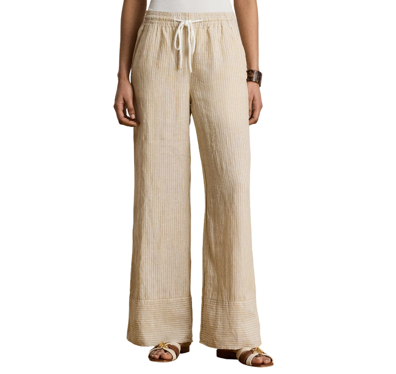 Polo Ralph Lauren Women's Striped Linen Wide-Leg Pant Tan/White