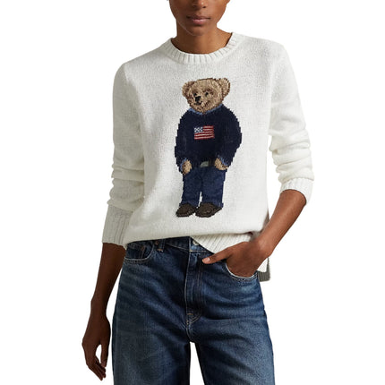 Polo Ralph Lauren Women's Polo Bear Linen-Cotton Crewneck Sweater Deckwash White Multi