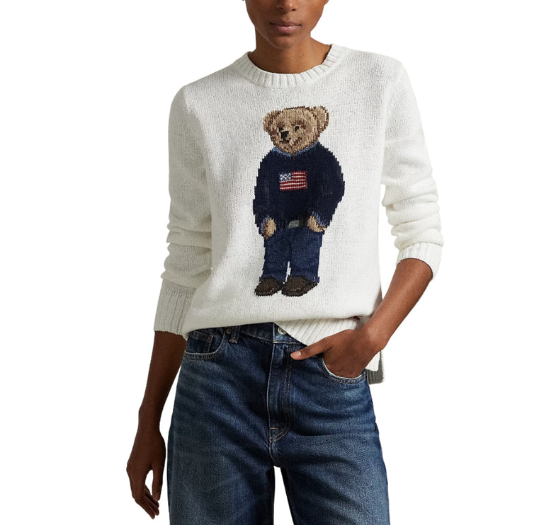Polo Ralph Lauren Women's Polo Bear Linen-Cotton Crewneck Sweater Deckwash White Multi