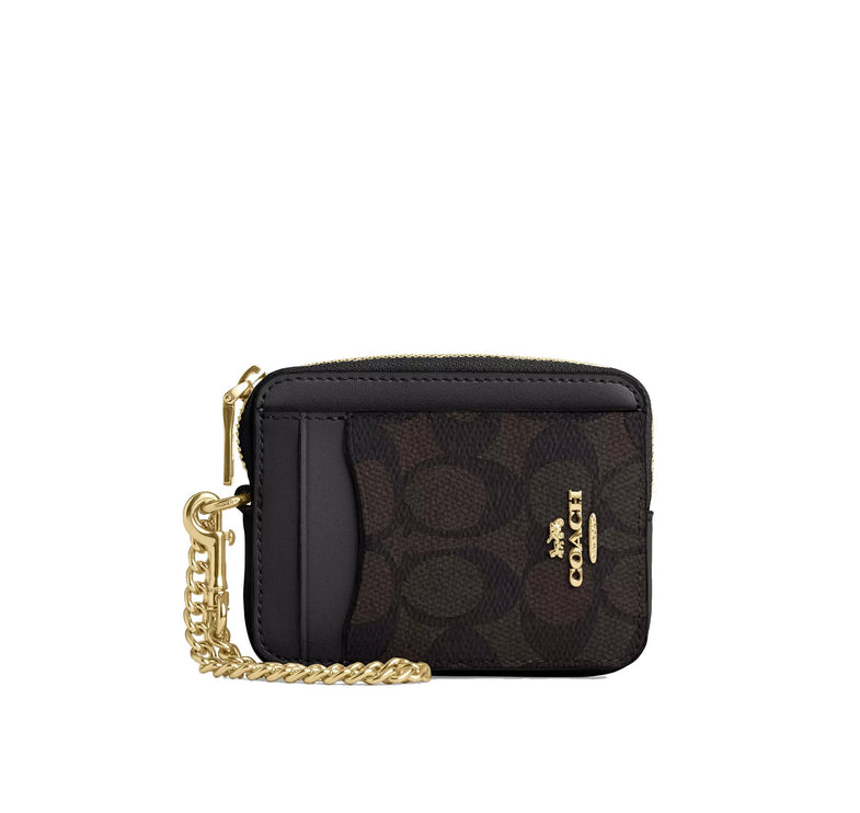 Coach Women's Zip Card Case In Signature Canvas Gold/Walnut/Black