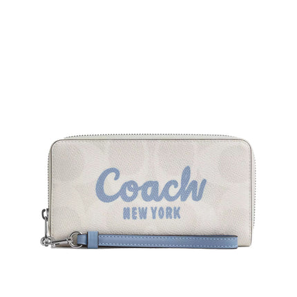 Coach Women's Long Zip Around Wallet In Signature Canvas With Coach Graphic Silver/Chalk/Bluebell