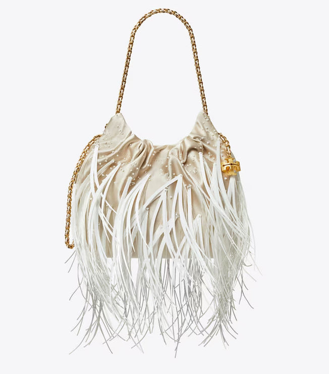 Tory Burch Women's Mini Fleming Feather Hobo Bag Stone