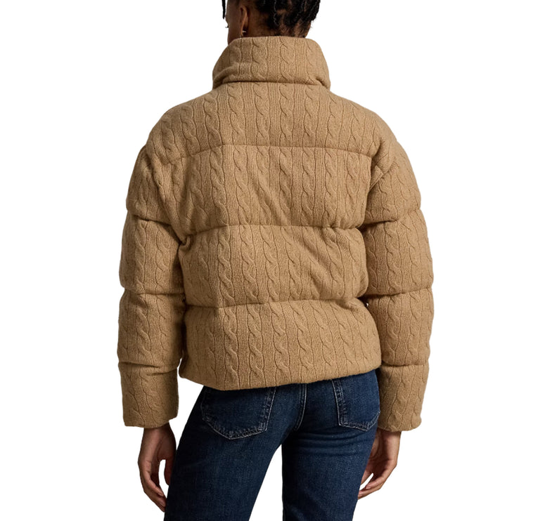Polo Ralph Lauren Women's Cable Wool-Cashmere Puffer Jacket Collection Camel Melange