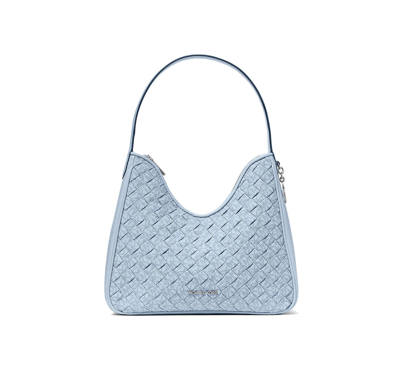 Michael Kors Women's Nayla Small Woven Signature Logo Hobo Shoulder Bag Pale Ocean