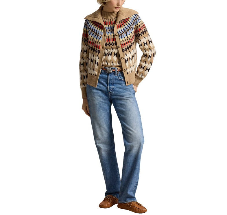 Polo Ralph Lauren Women's Geo-Motif Wool-Cashmere Cardigan Camel Multi