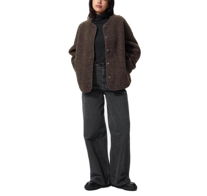 Uniqlo Women's Pile Lined Fleece Relaxed Cardigan 38 Dark Brown