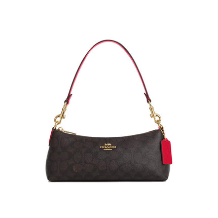 Coach Women's Charlotte Shoulder Bag In Signature Canvas Gold/Walnut/Bold Red