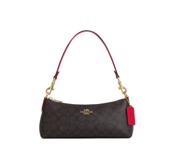 Coach Women's Charlotte Shoulder Bag In Signature Canvas Gold/Walnut/Bold Red