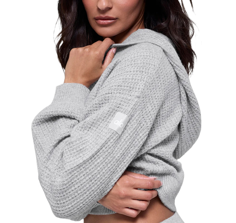 alo Women's Cashmere Plush Waffle Full Zip Hoodie Athletic Heather Grey
