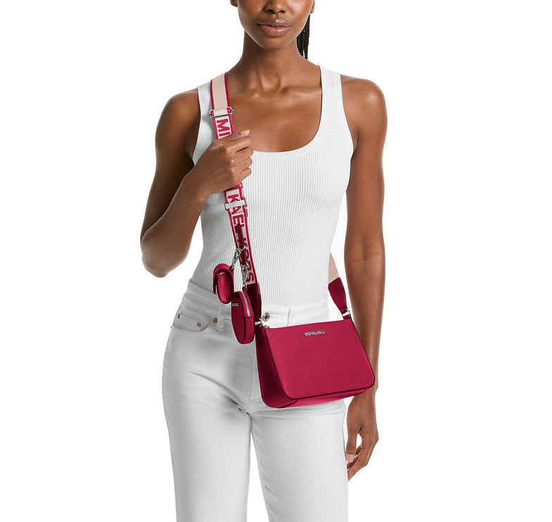 Michael Kors Women's Jet Set Small Saffiano Leather Crossbody Bag with Case for Apple Airpods Pro® Dark Raspberry