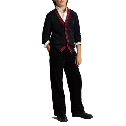 Polo Ralph Lauren Boy's Plaid-Trim Cable Cotton Cardigan Polo Black Multi