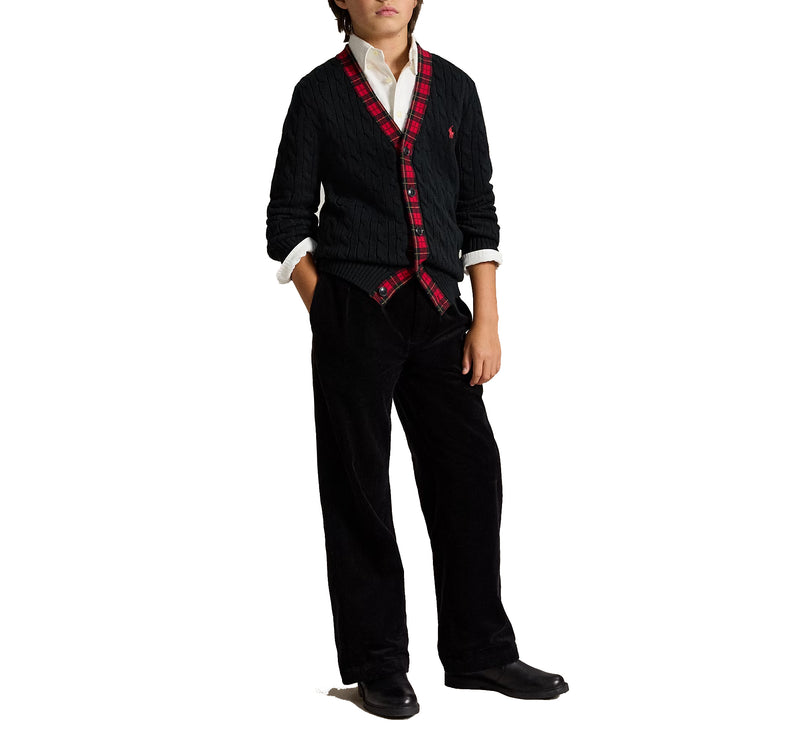 Polo Ralph Lauren Boy's Plaid-Trim Cable Cotton Cardigan Polo Black Multi
