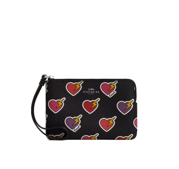 Coach Women's Corner Zip Wristlet With Heart Bolt Print Silver/Black Multi