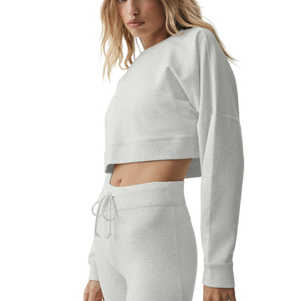 alo Women's Cropped Sway Crew Neck Pullover White Heather