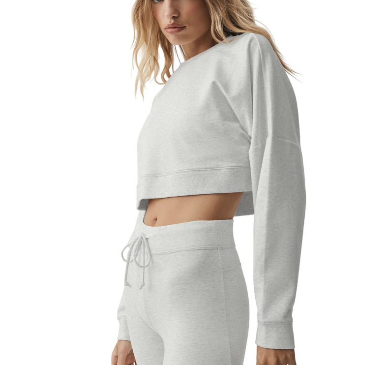 alo Women's Cropped Sway Crew Neck Pullover White Heather