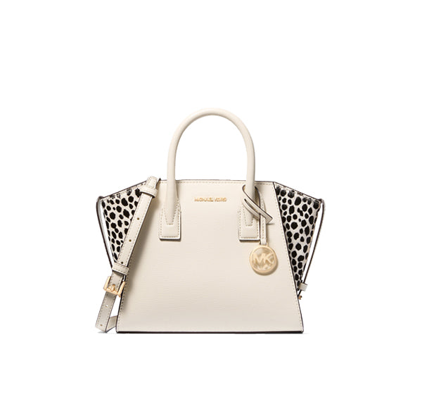 Michael Kors Women's Avril Small Leather and Cheetah Print Calf Hair Satchel Light Cream Multi