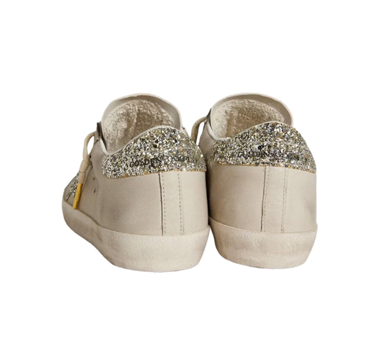 Golden Goose Women's Super Star in Ivory Nappa Leather with Platinum Glitter Star and Heel Tab