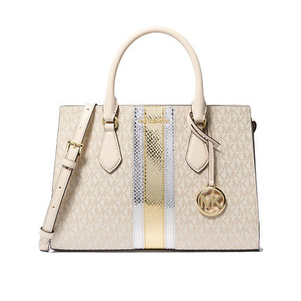 Michael Kors Women's Sheila Medium Signature Logo and Metallic Satchel Pale Gold