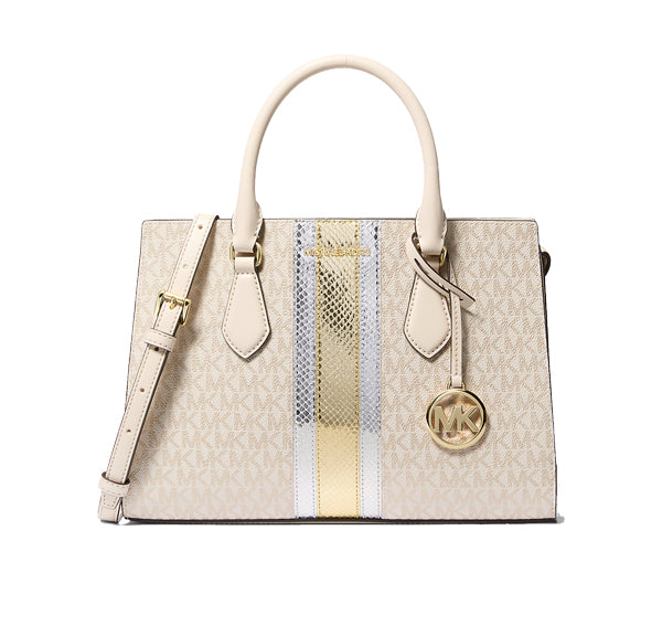 Michael Kors Women's Sheila Medium Signature Logo and Metallic Satchel Pale Gold