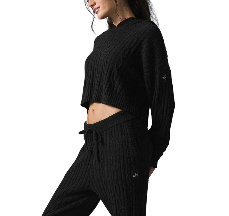 alo Women's Cable Knit Winter Bliss Hoodie Black