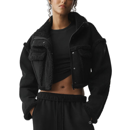 alo Women's Faux Shearling Snowfall Cropped Jacket Black
