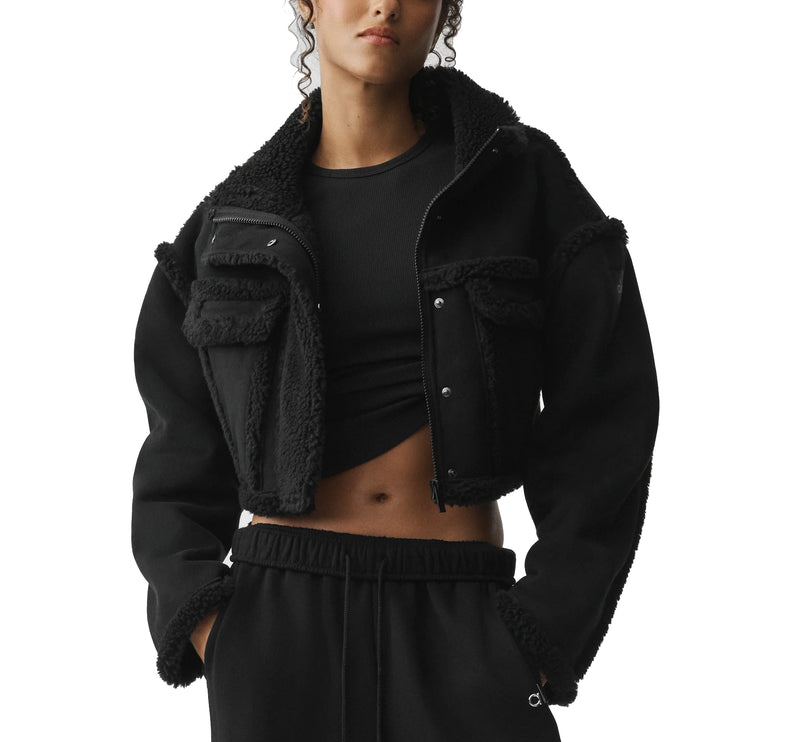 alo Women's Faux Shearling Snowfall Cropped Jacket Black