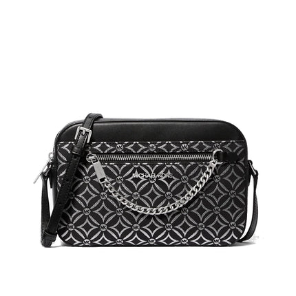 Michael Kors Women's Jet Set Large Metallic Logo Jacquard Crossbody Bag Black/Silver