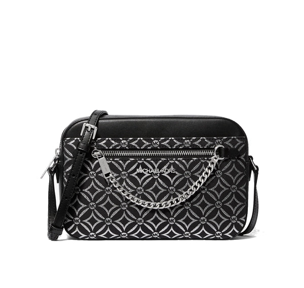 Michael Kors Women's Jet Set Large Metallic Logo Jacquard Crossbody Bag Black/Silver