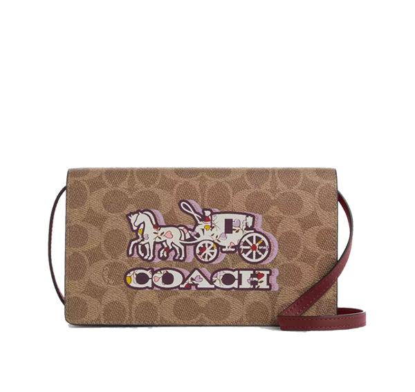 Coach Women's Anna Foldover Clutch Crossbody Bag In Signature Canvas With Horse And Carriage Print Tan/Black Cherry