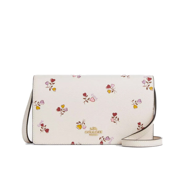 Coach Women's Anna Foldover Clutch Crossbody Bag With Heart Print Gold/Chalk Multi